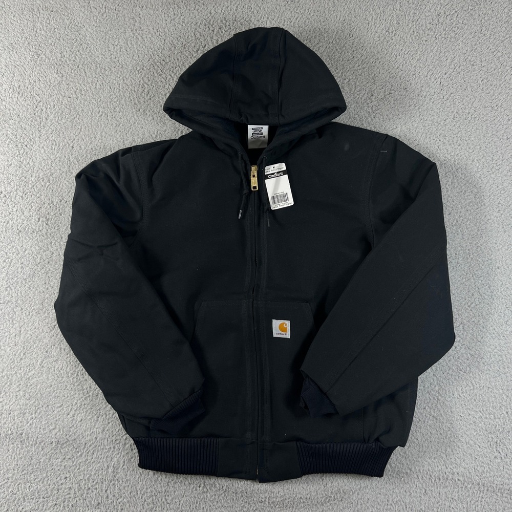 Carhartt Duck Active Jac Mens Small Black Quilted Flannel Lined Hooded NWT